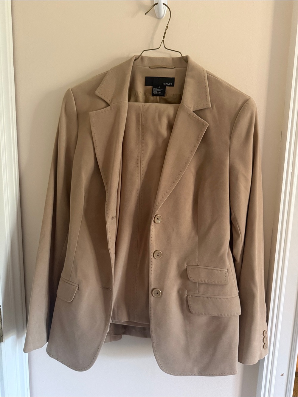 Beige Suede-Look Belted Blazer and Pant 2 Piece Set